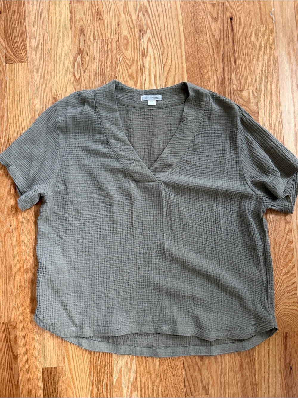 Outerknown Olive V-Neck Gauze Short Sleeve Top